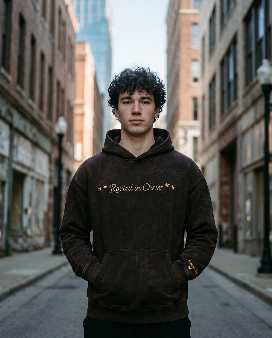 Young man wearing the dark brown Rooted in Christ hoodie on a downtown street, front view showing the gold embroidered Rooted in Christ wordmark and dove accents.